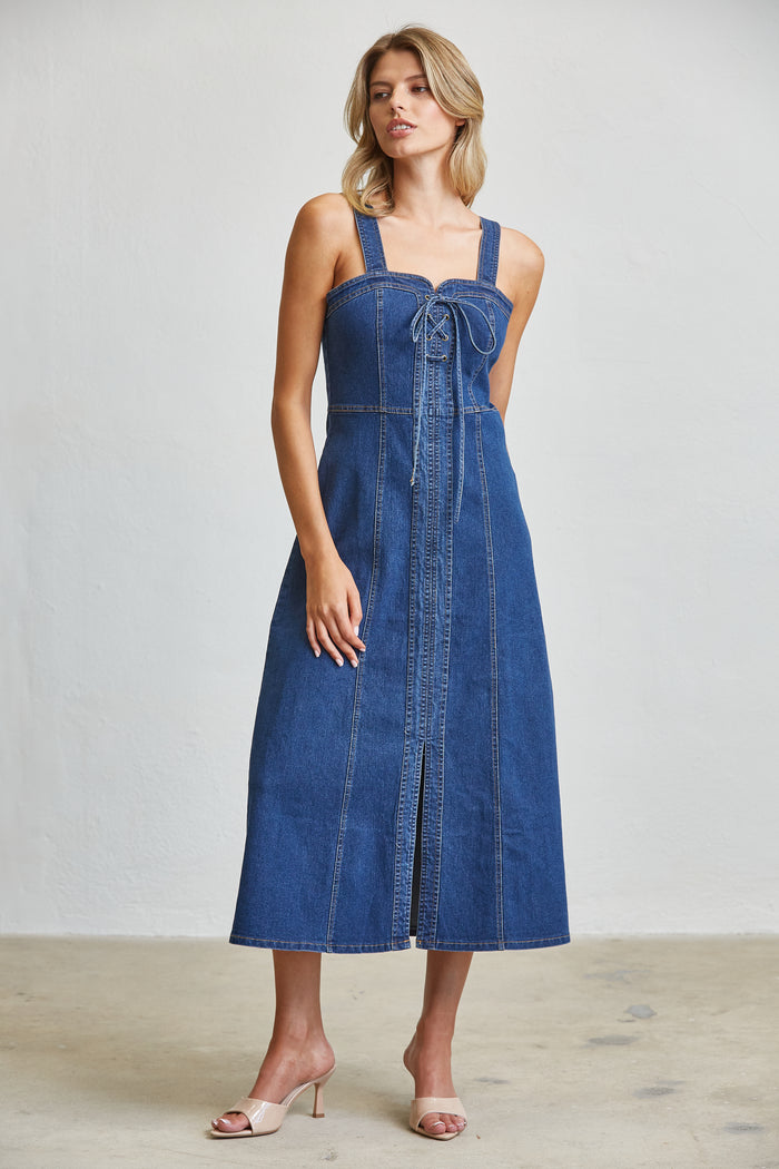 Blue Denim Lace-Up Corset Midi Dress with Front Slit