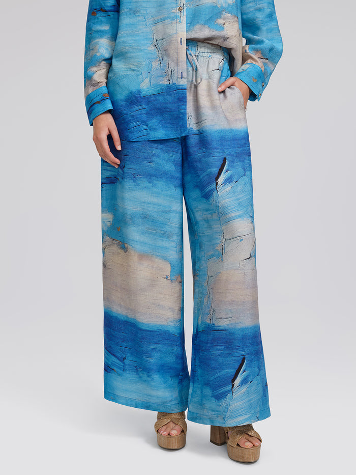 Blue Oil Painting Print Wide-Leg Pants
