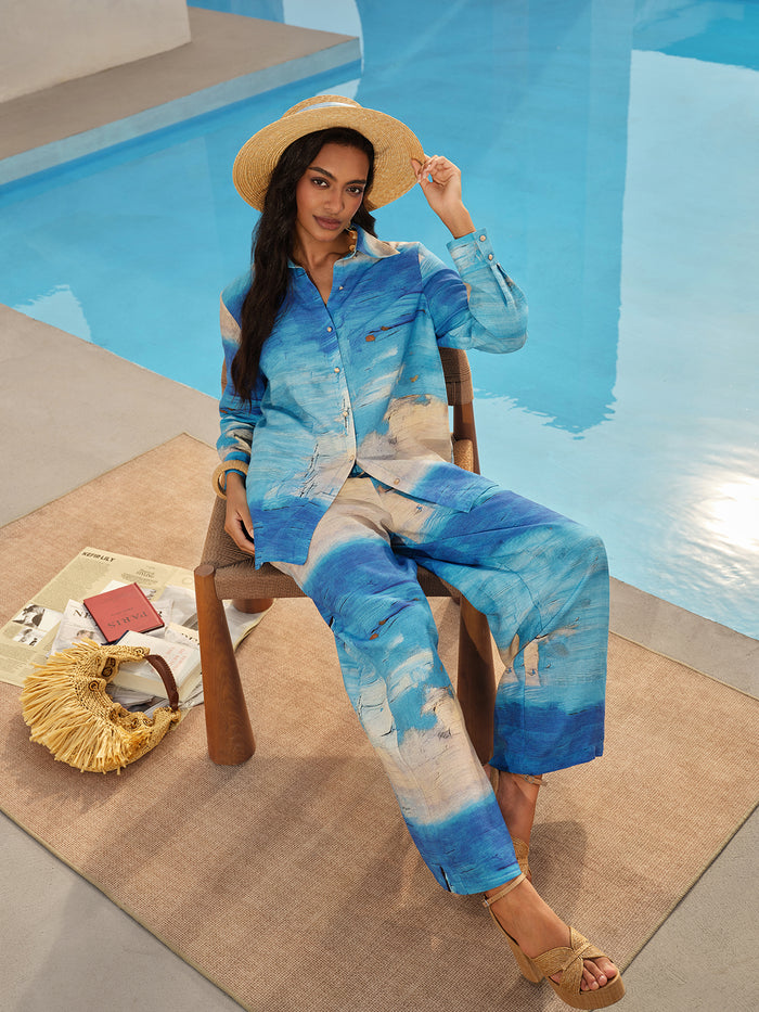 Blue Oil Painting Print Wide-Leg Pants