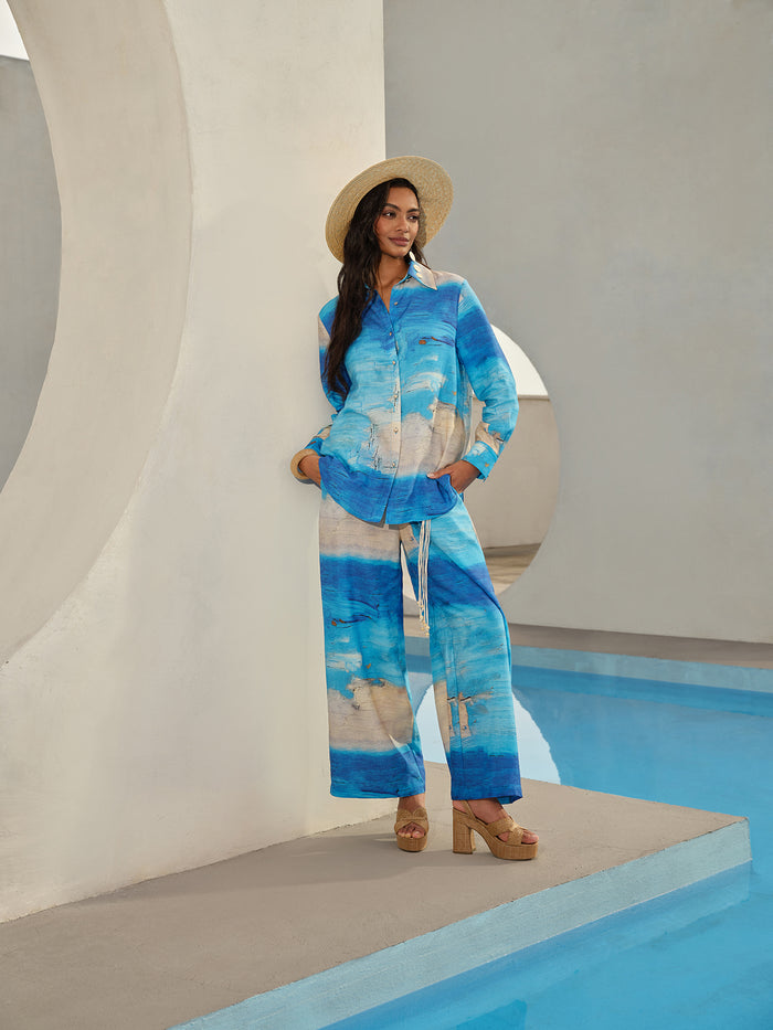 Blue Oil Painting Print Wide-Leg Pants