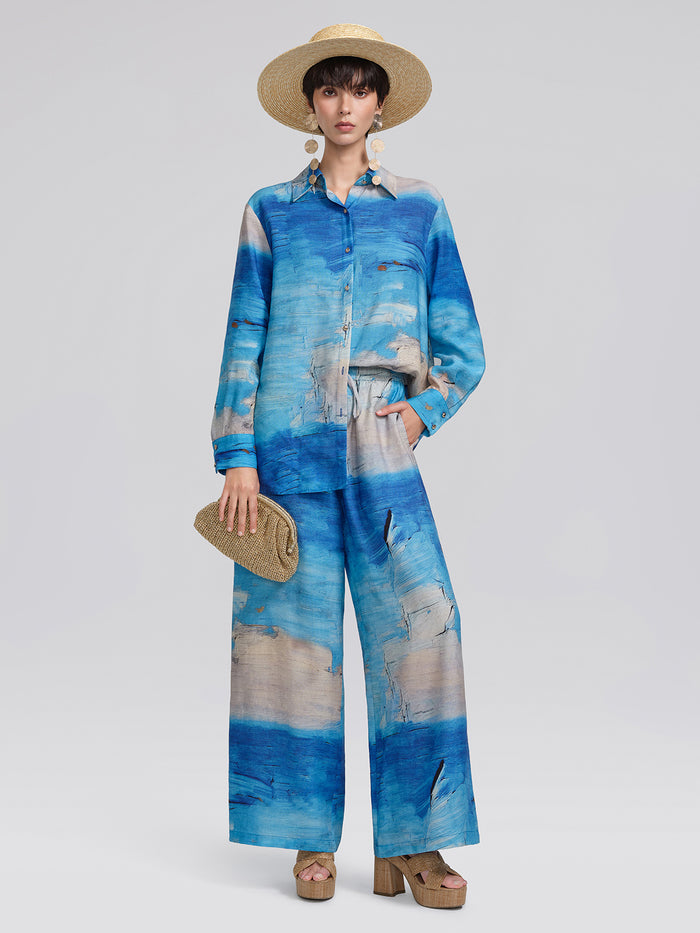 Blue Oil Painting Print Wide-Leg Pants