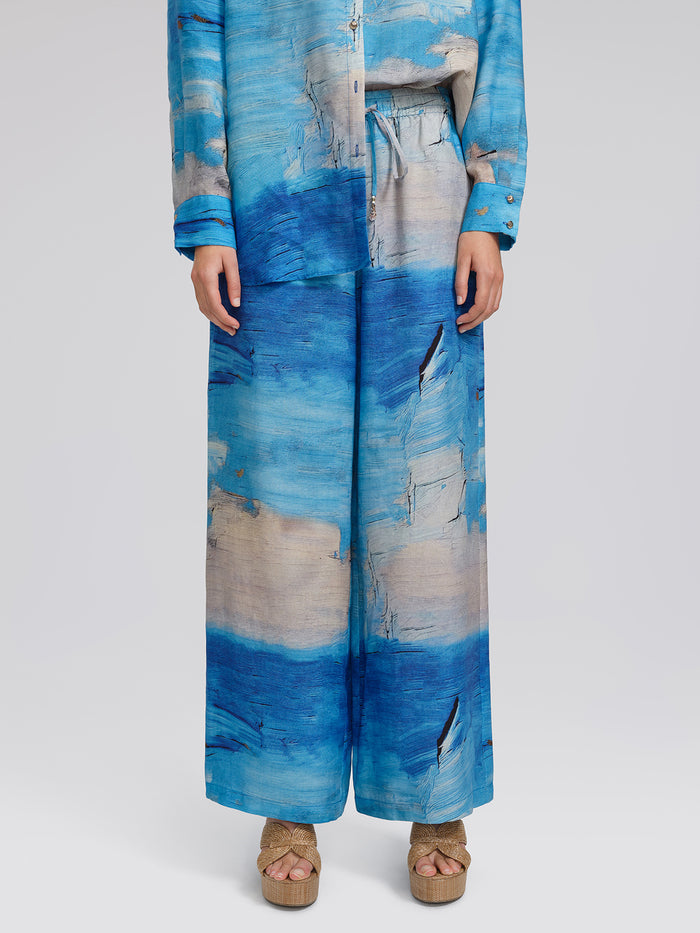 Blue Oil Painting Print Wide-Leg Pants