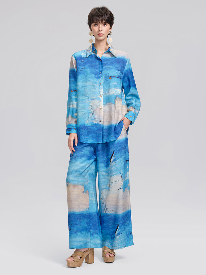 Blue Oil Painting Print Wide-Leg Pants