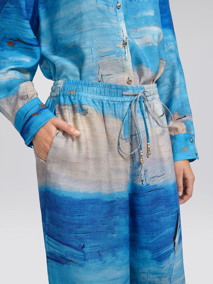 Blue Oil Painting Print Wide-Leg Pants