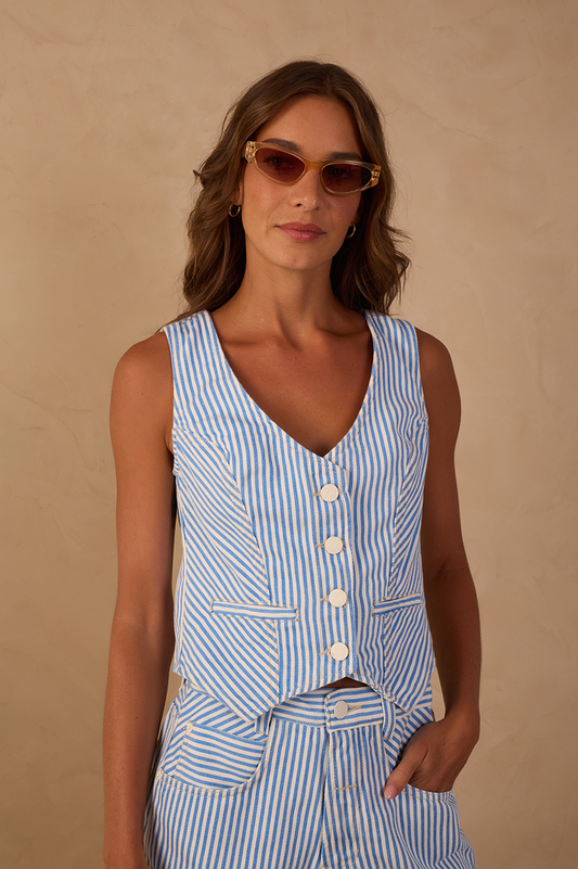 Blue Stripes Buttoned Sleeveless Twill Vest_1