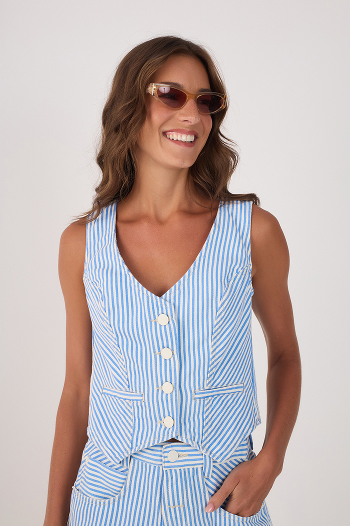 Blue Stripes Buttoned Sleeveless Twill Vest_2