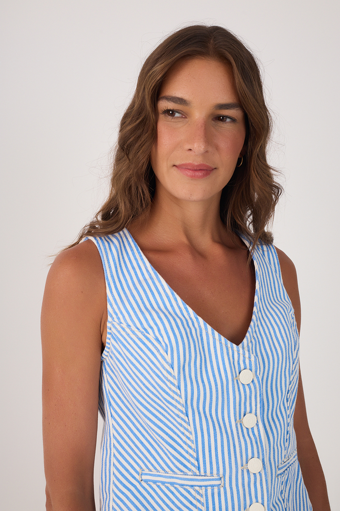 Blue Stripes Buttoned Sleeveless Twill Vest_4