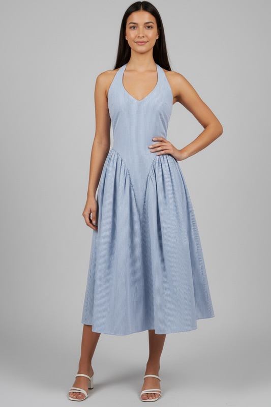 Bluebell Stripe Halter Midi Dress With Pockets