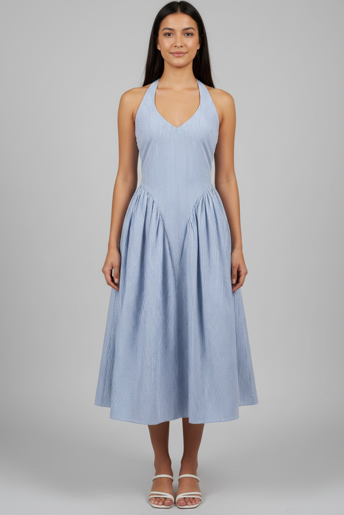 Bluebell Stripe Halter Midi Dress With Pockets