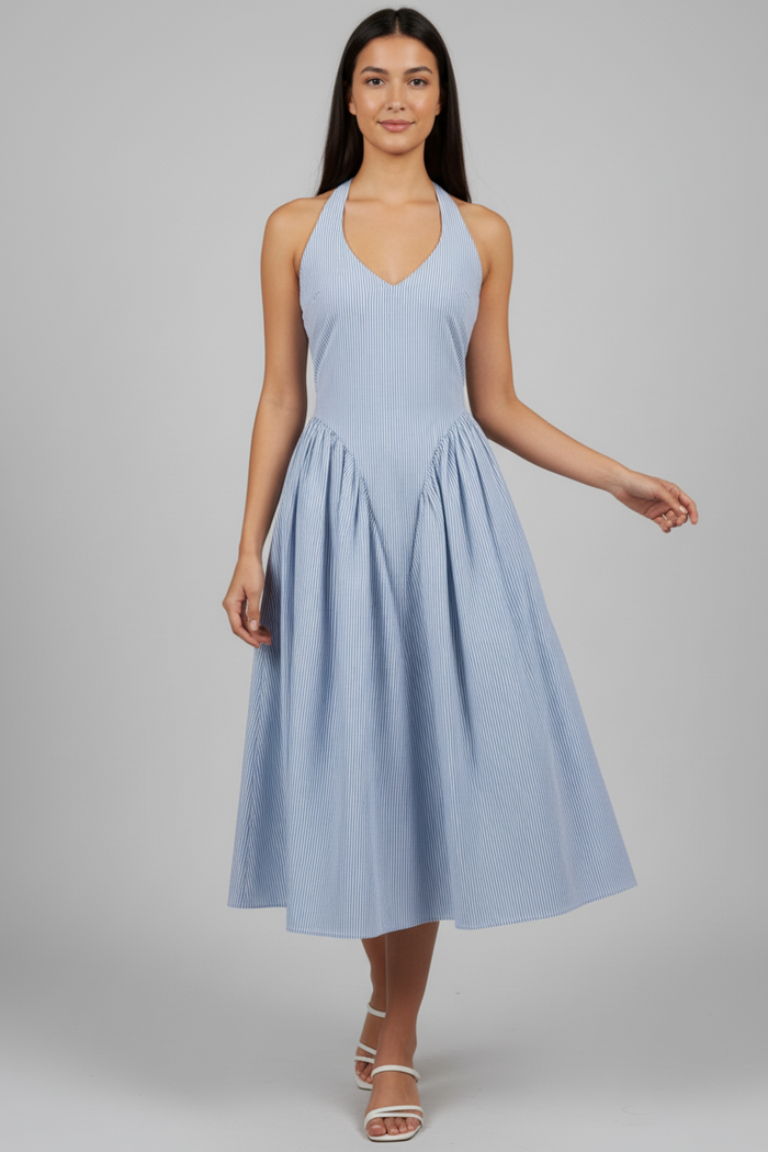 Bluebell Stripe Halter Midi Dress With Pockets