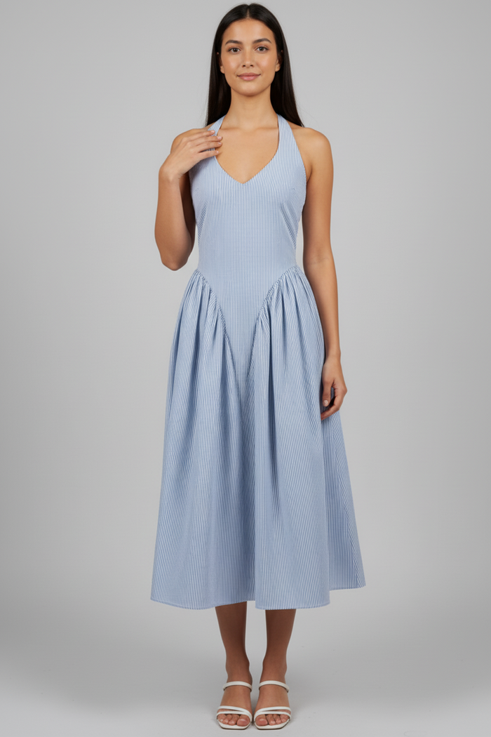 Bluebell Stripe Halter Midi Dress With Pockets