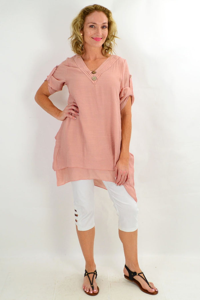 Blush coconut button short sleeve tunic top from La Mode featuring a relaxed fit and stylish design.