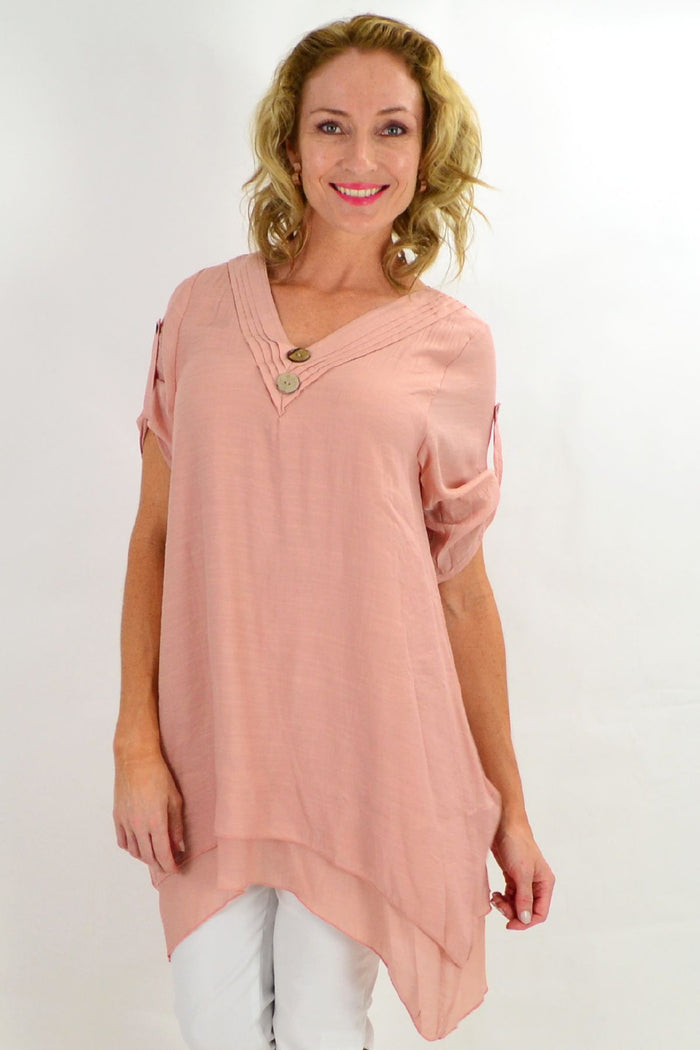 Blush coconut button short sleeve tunic top by La Mode, lightweight with a relaxed fit and stylish button details.