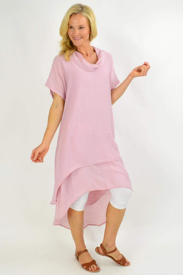 Blush pink cowl neck tunic dress by Cotton Village featuring a relaxed fit and soft fabric, displayed on a hanger.