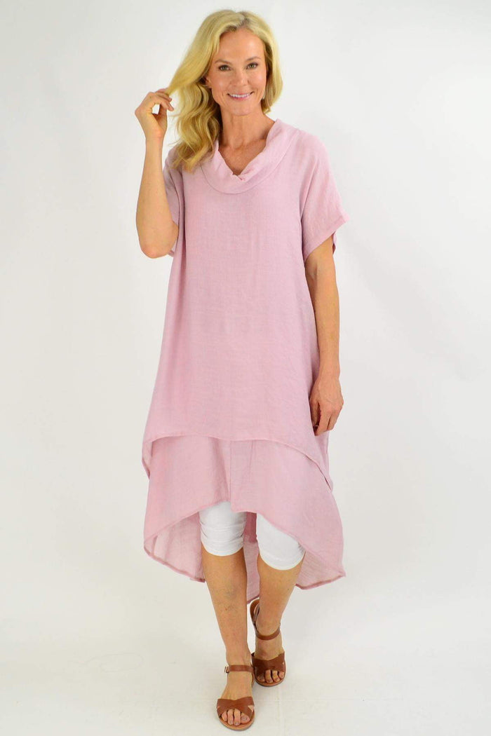 Dusty pink cotton cowl neck tunic dress from Cotton Village, relaxed fit with soft fabric and stylish drape.