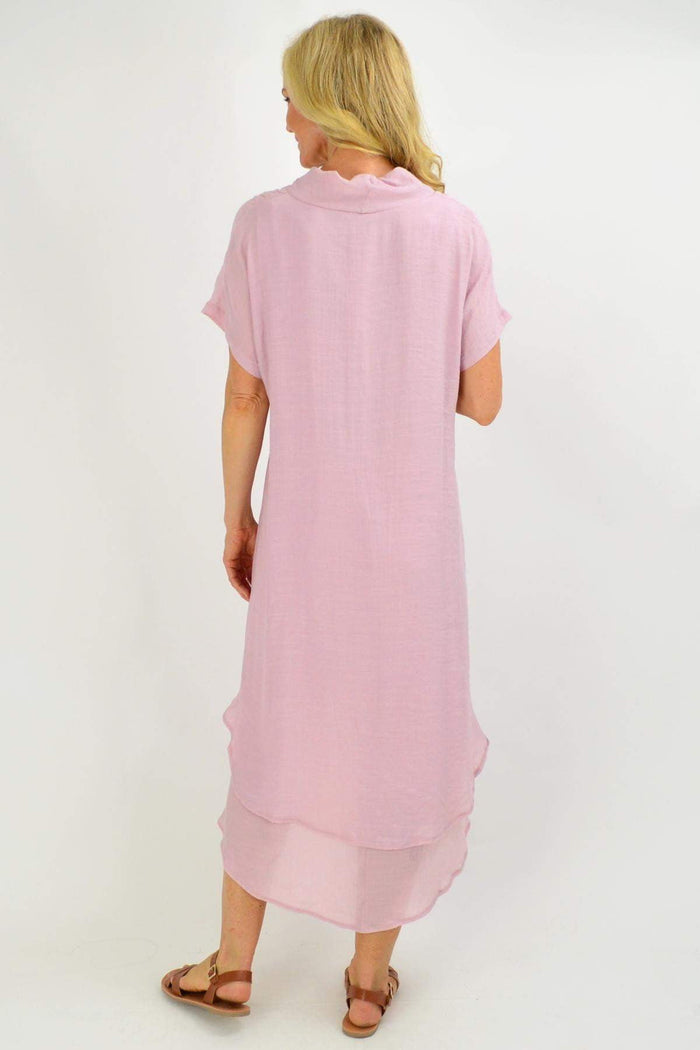 Dusty pink cotton tunic dress with cowl neck from Cotton Village, relaxed fit and soft fabric, perfect for casual wear.