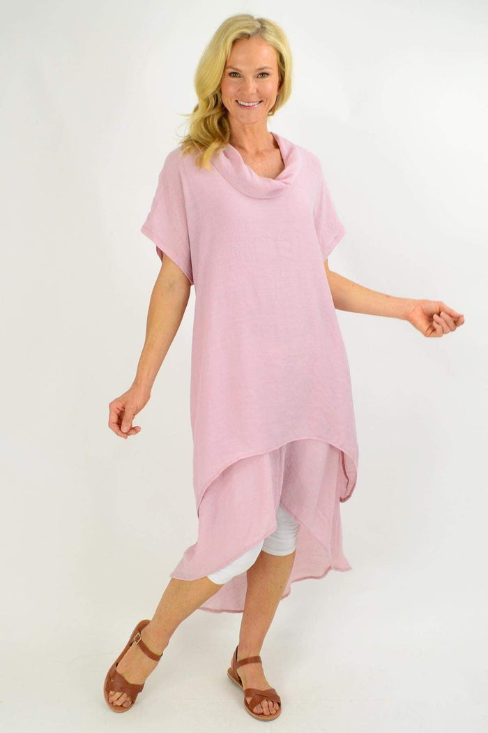 Dusty pink cotton tunic dress with cowl neck from Cotton Village, relaxed fit, displayed on a hanger.