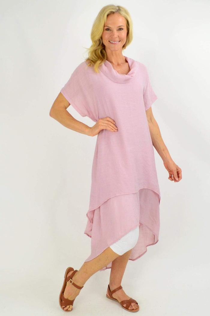 Dusty pink cotton tunic dress with cowl neck from Cotton Village, relaxed fit, long sleeves, and casual style.