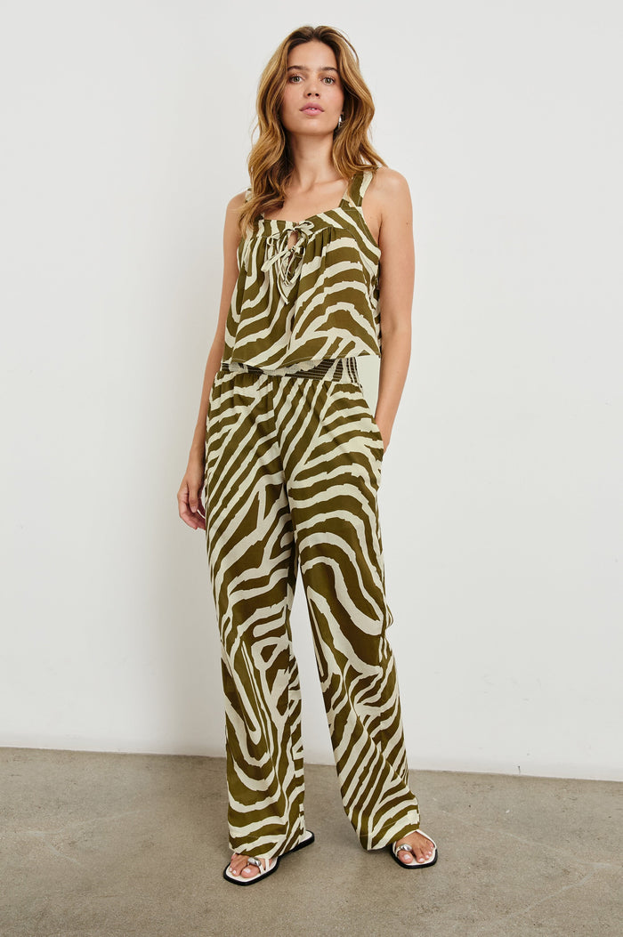 Brendon high-rise Pant with Elastic Waist in Selva Colorway, a Cream and Olive Tiger Stripe - Front Full Body View Featured on Model