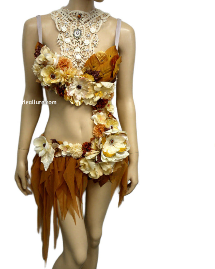 Bronze Copper Victorian Lace Fairy Monokini Bra and Shorts Costume