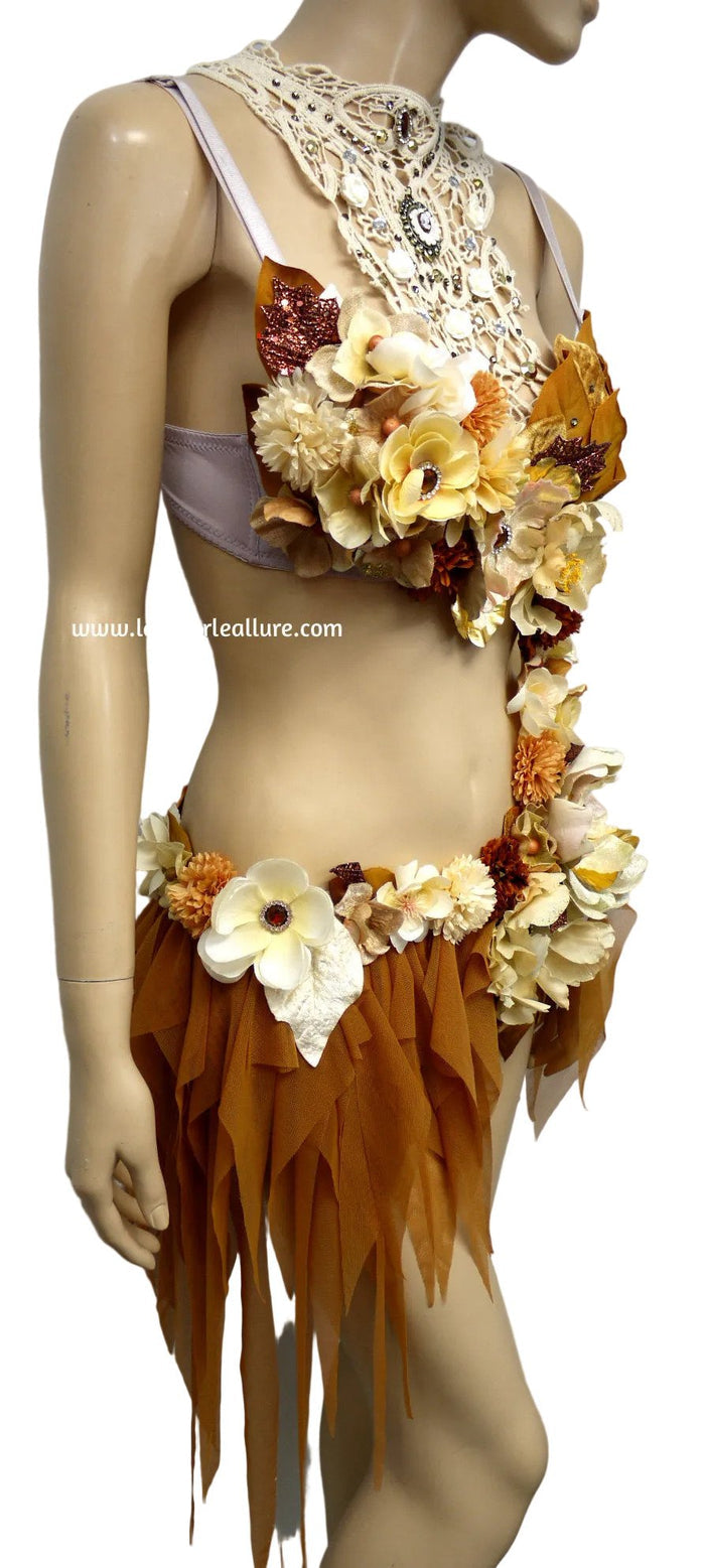 Bronze Copper Victorian Lace Fairy Monokini Bra and Shorts Costume
