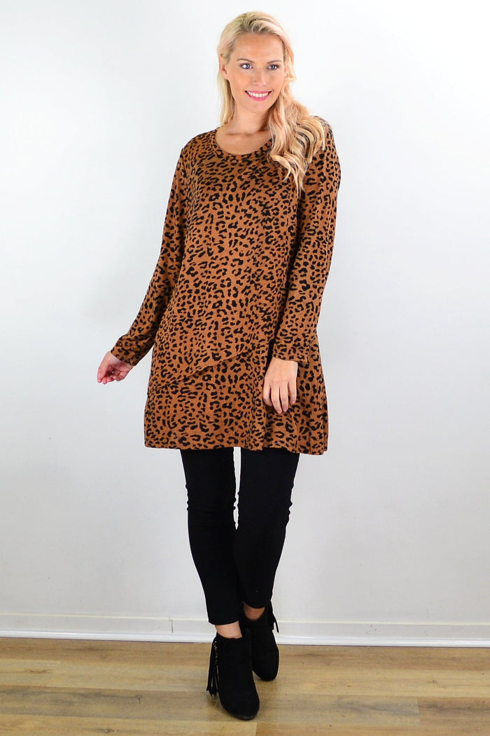 Brown animal print tunic top by Hourglass, featuring a relaxed fit and stylish animal pattern, displayed on a plain background.