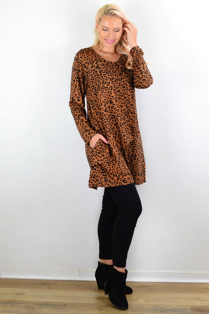 Brown animal print tunic top by Hourglass, featuring a relaxed fit and stylish animal pattern fabric.