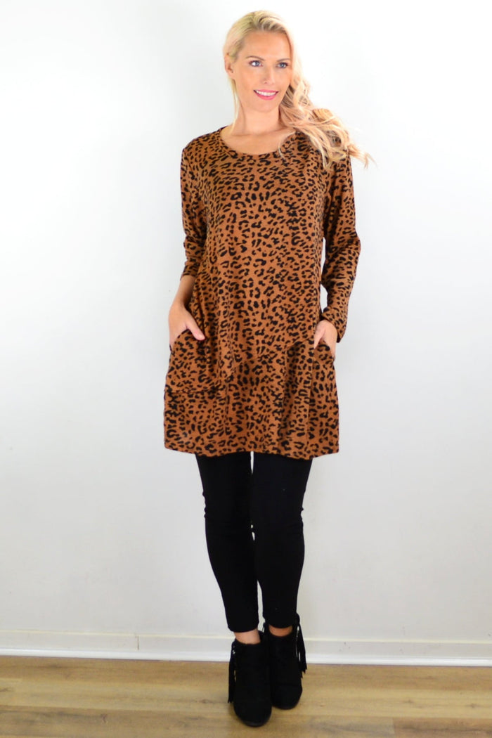 Brown animal print tunic top by Hourglass, featuring a relaxed fit and stylish animal pattern, perfect for casual wear.