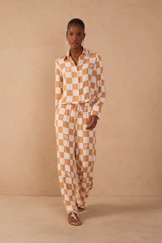 Brown Concha Plaid Drawstring Pockets Wide-Leg Pants_1