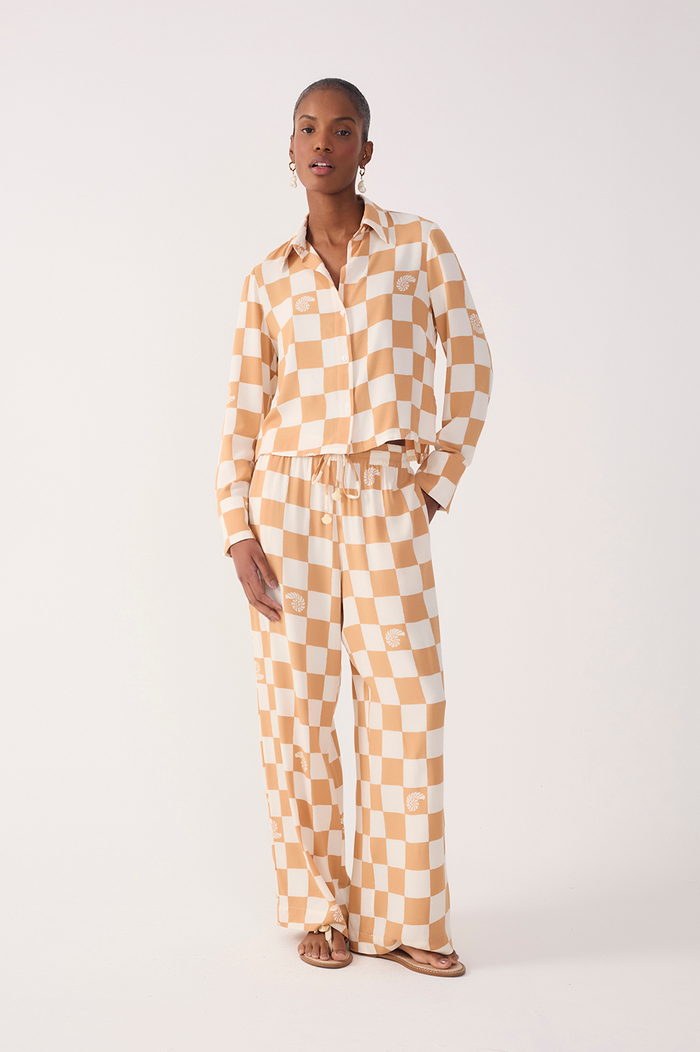 Brown Concha Plaid Drawstring Pockets Wide-Leg Pants_2