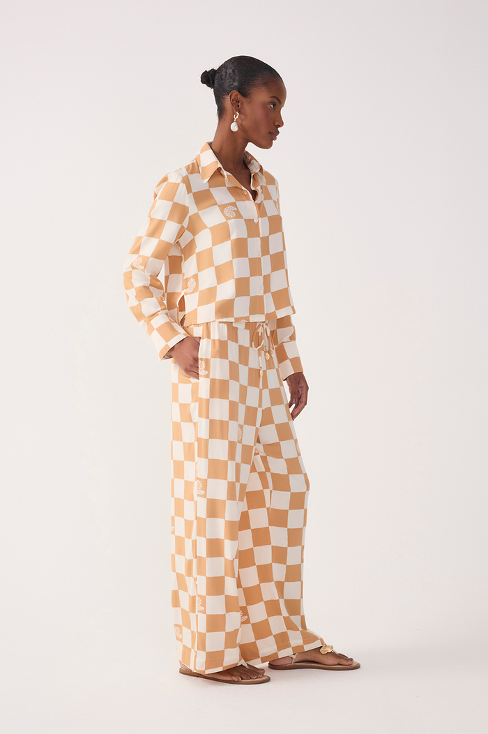 Brown Concha Plaid Drawstring Pockets Wide-Leg Pants_3