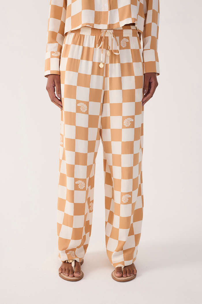 Brown Concha Plaid Drawstring Pockets Wide-Leg Pants_4