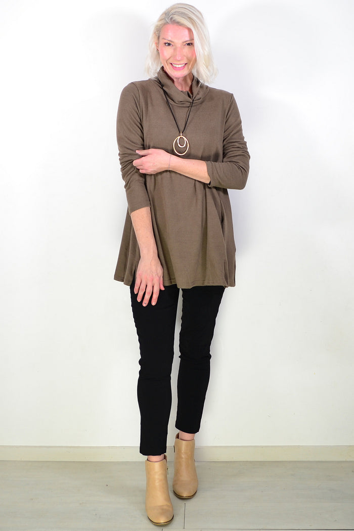 Brown Long Sleeve Turtleneck Tunic Top