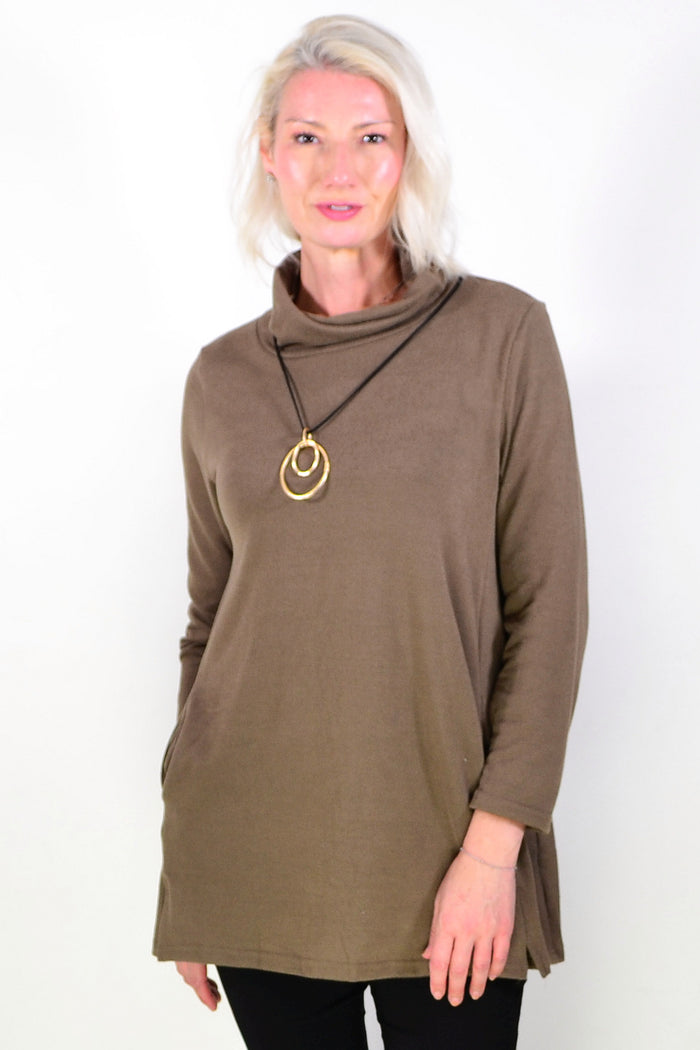 Brown Long Sleeve Turtleneck Tunic Top
