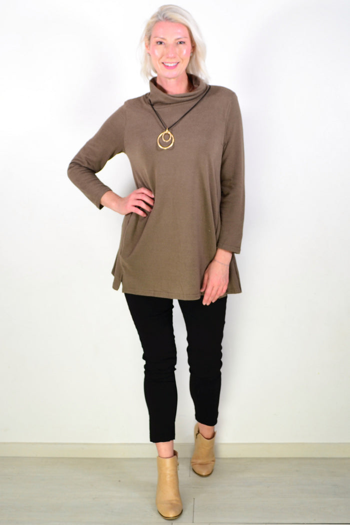 Brown Long Sleeve Turtleneck Tunic Top