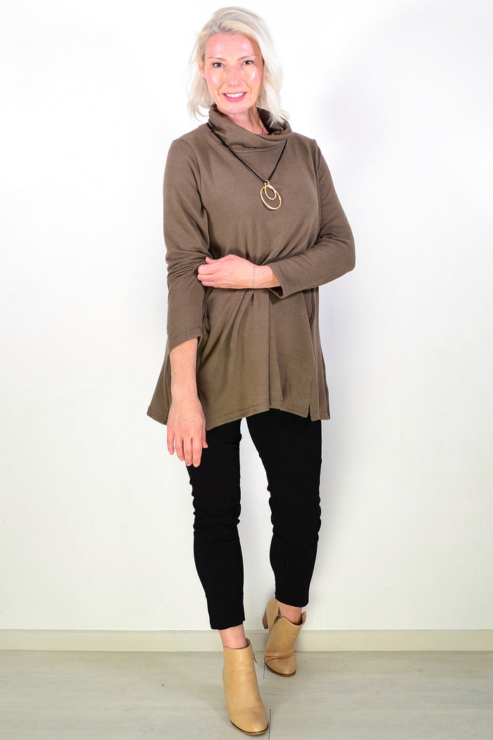 Brown Long Sleeve Turtleneck Tunic Top