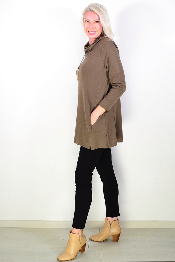 Brown Long Sleeve Turtleneck Tunic Top