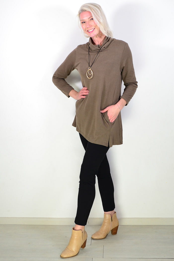 Brown Long Sleeve Turtleneck Tunic Top