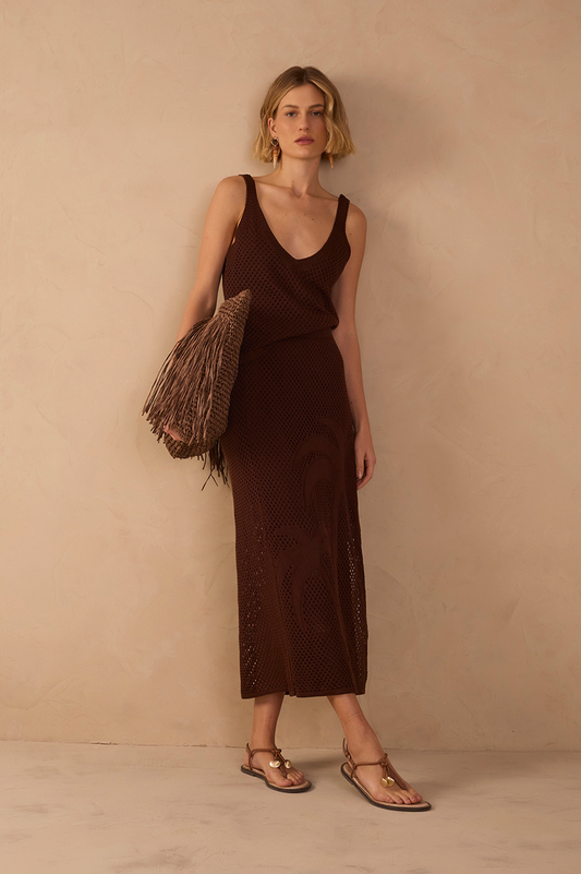 Brown Side Tie Knit Midi Skirt_1