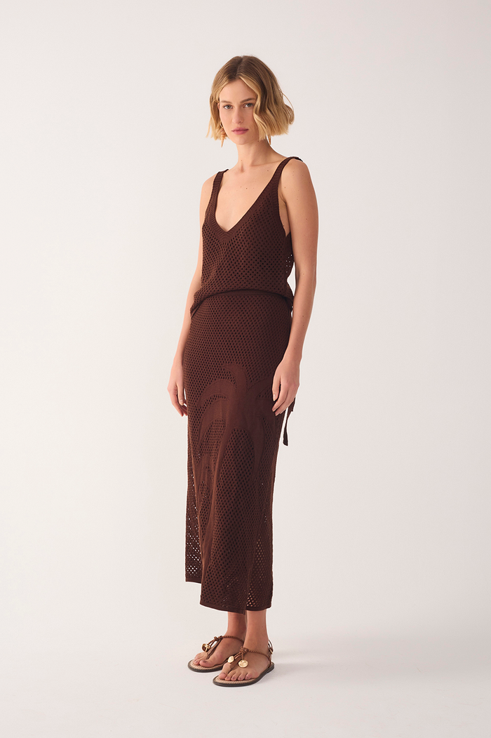 Brown Side Tie Knit Midi Skirt_3