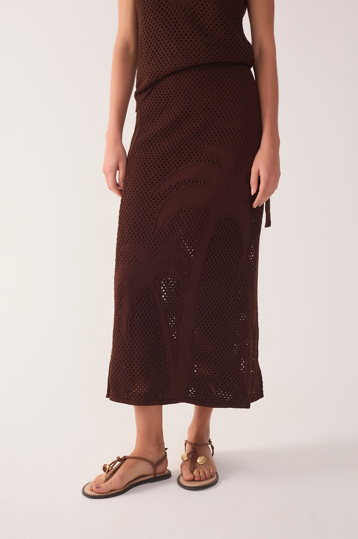 Brown Side Tie Knit Midi Skirt