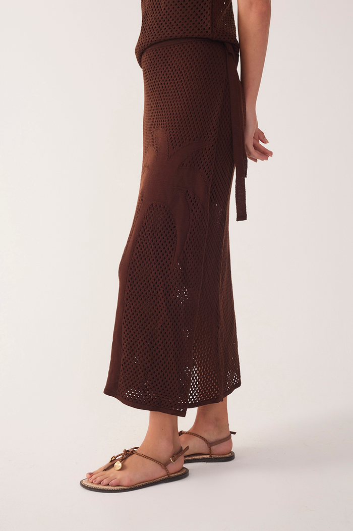Brown Side Tie Knit Midi Skirt_5