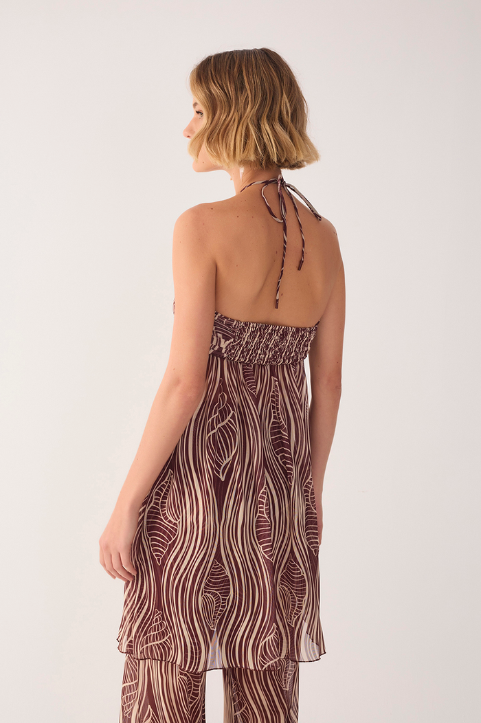 Brown Som Halter Neck Ruched Mesh Tunic_6