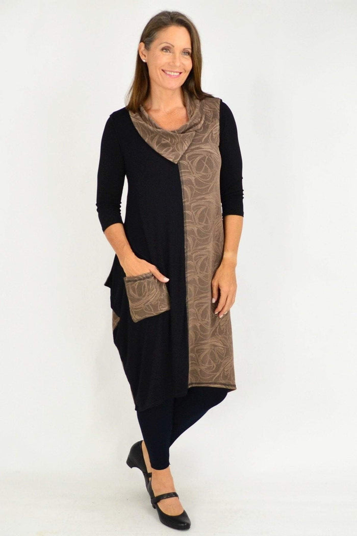 Camel swirl sleeveless winter tunic dress by Whispers, featuring a long, flowing design and intricate pattern.