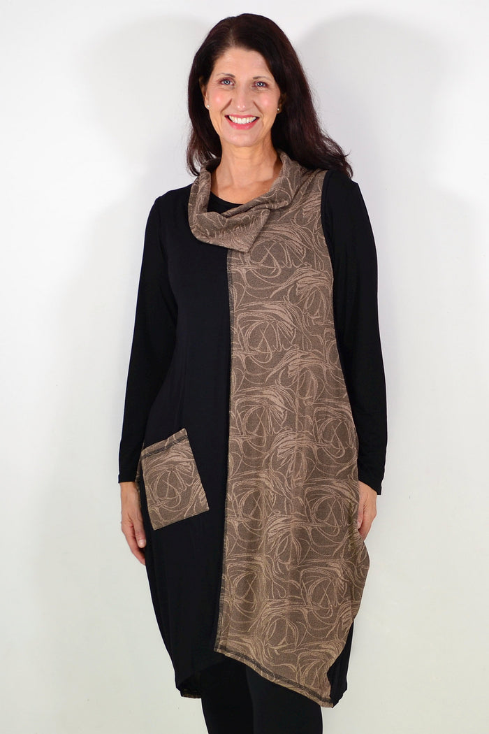 Camel swirl sleeveless winter tunic dress by Whispers, featuring a stylish pattern and comfortable fit.