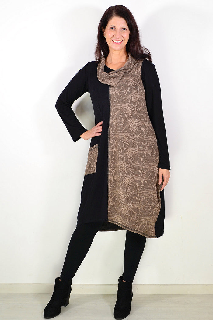 Camel swirl sleeveless winter tunic dress by Whispers, showcasing its stylish pattern and comfortable fit.