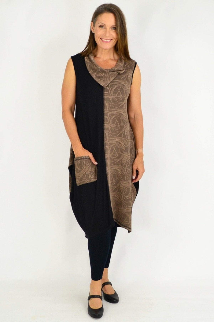 Camel swirl sleeveless winter tunic dress by Whispers, featuring a long, flowing design with a stylish swirl pattern and sleeveless cut.