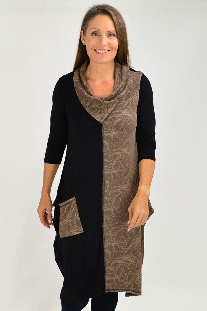 Camel swirl sleeveless winter tunic dress by Whispers, featuring a long, flowing design with elegant gold accents.