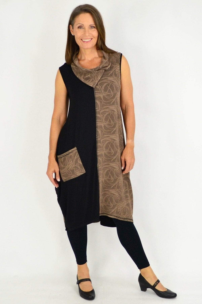 Camel swirl sleeveless winter tunic dress by Whispers, featuring a long, flowing design with a stylish gold pattern.