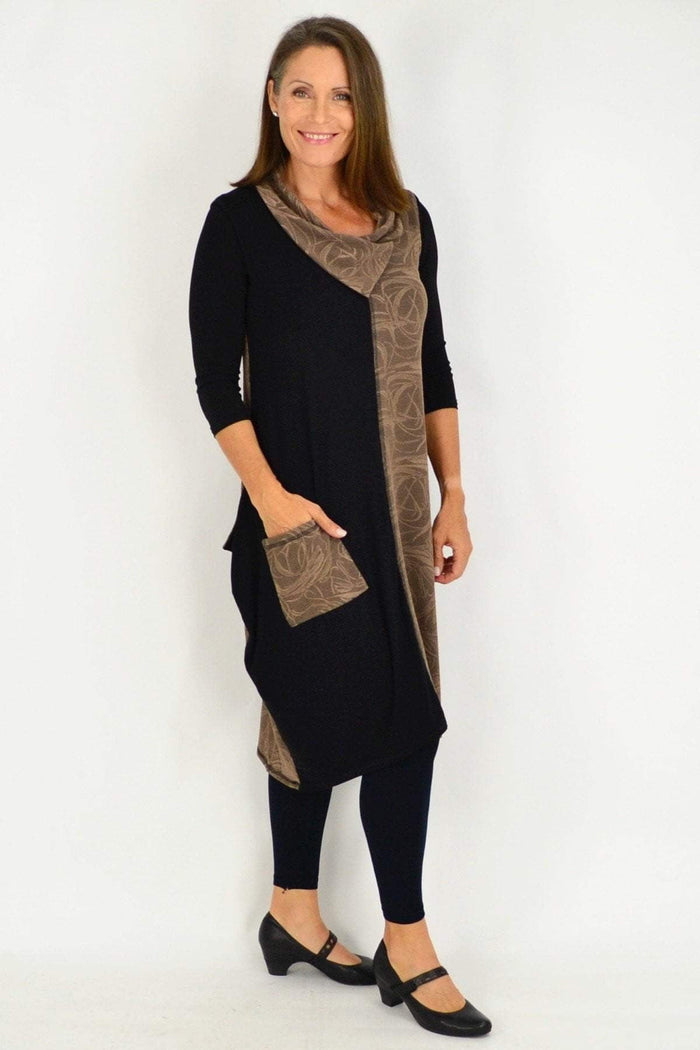 Camel swirl sleeveless winter tunic dress by Whispers, featuring a long, flowing design with elegant gold accents.
